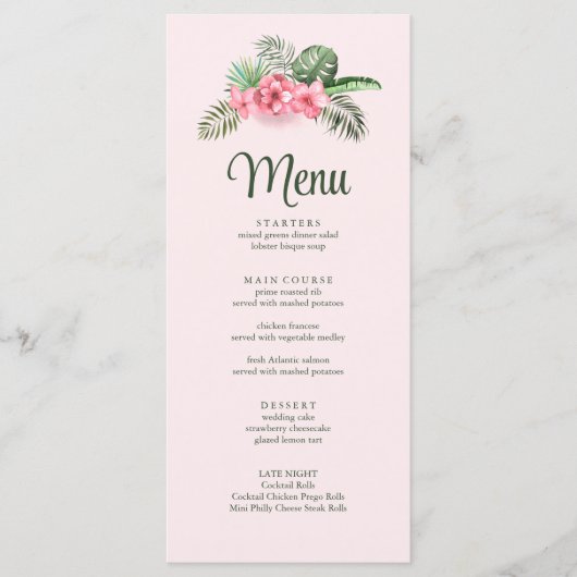 Roze Tropische Bloemen Bruiloft Menu (Voorkant)