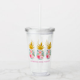 Roze tropische bloemen en gouden ananas acryl drinkbeker