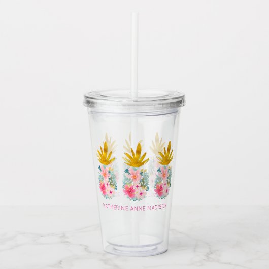 Roze tropische bloemen en gouden ananas acryl drinkbeker (Voorkant)