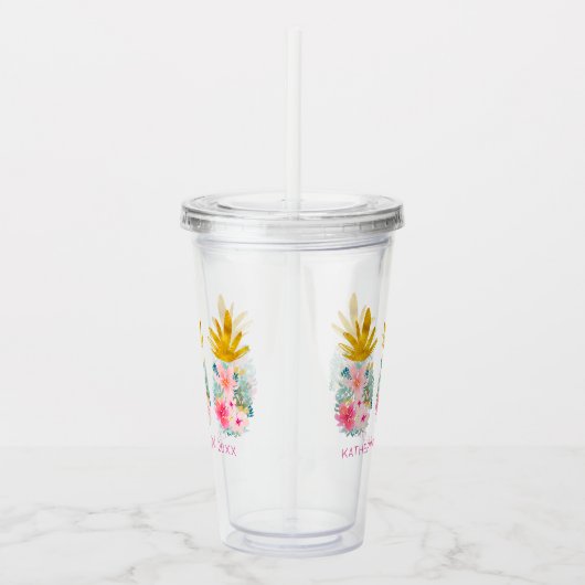 Roze tropische bloemen en gouden ananas acryl drinkbeker (Rechts)
