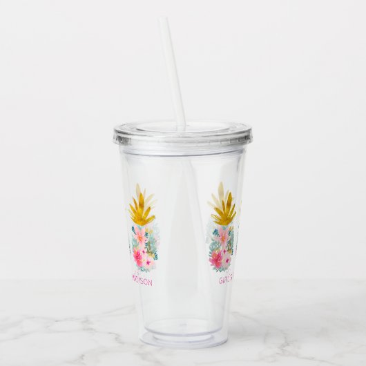 Roze tropische bloemen en gouden ananas acryl drinkbeker (Links)