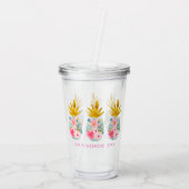Roze tropische bloemen en gouden ananas acryl drinkbeker (Achterkant)