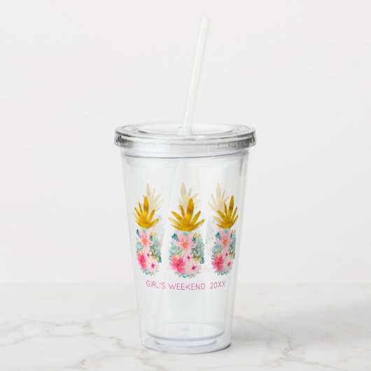 Roze tropische bloemen en gouden ananas acryl drinkbeker (Achterkant)