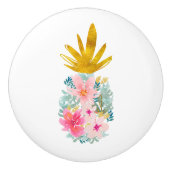 Roze tropische bloemen en gouden ananas keramische knop (Voorkant)
