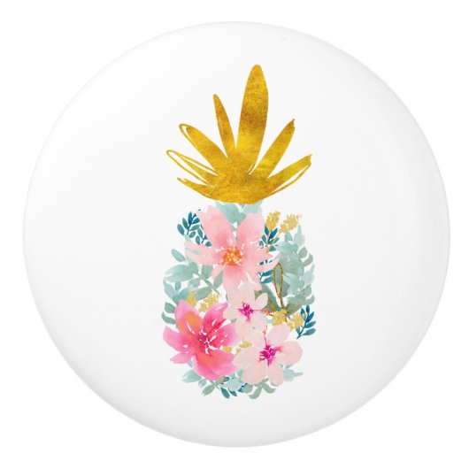 Roze tropische bloemen en gouden ananas keramische knop (Voorkant)