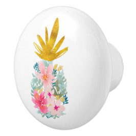 Roze tropische bloemen en gouden ananas keramische knop