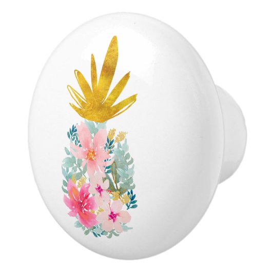 Roze tropische bloemen en gouden ananas keramische knop (Rechts)