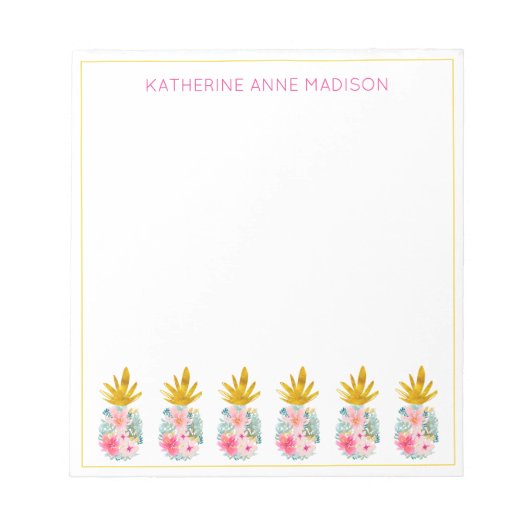 Roze tropische bloemen en gouden ananas notitieblok (Voorkant)
