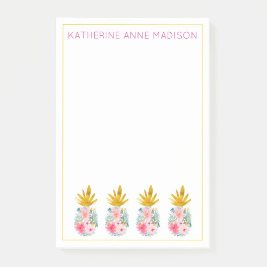 Roze tropische bloemen en gouden ananas post-it® notes (Voorkant)