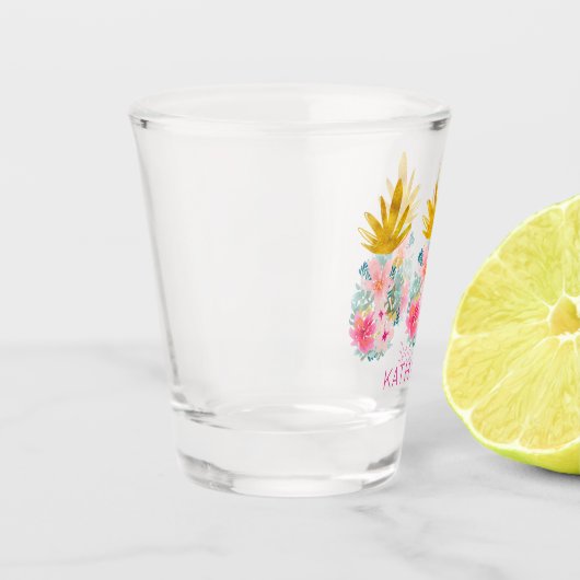 Roze tropische bloemen en gouden ananas shot glas (Links)