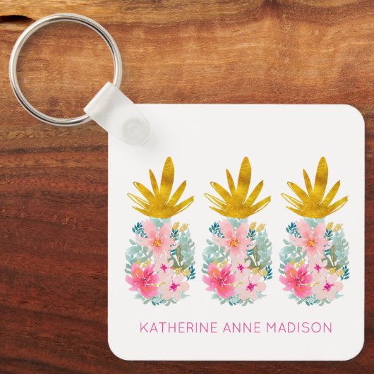 Roze tropische bloemen en gouden ananas sleutelhanger (Voorkant)