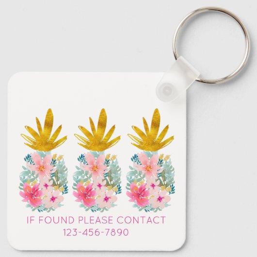 Roze tropische bloemen en gouden ananas sleutelhanger (Achterkant)