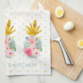 Roze tropische bloemen en gouden ananas theedoek (Quarter Fold)