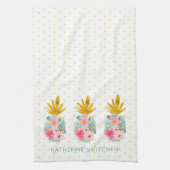 Roze tropische bloemen en gouden ananas theedoek (Verticaal)