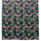 Roze Tropische Bloemen en Groen Bladpatroon Blauw Douchegordijn (Voorkant)