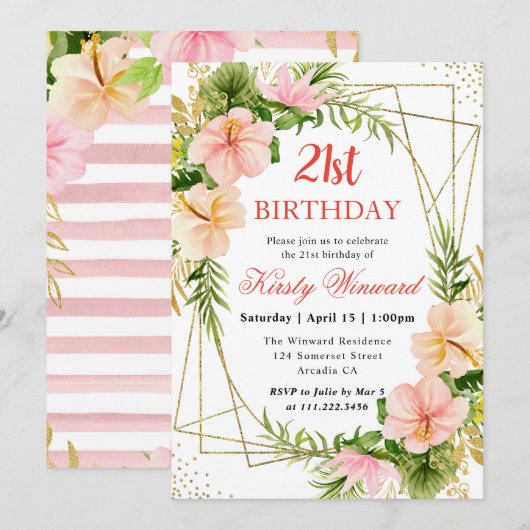 Roze Tropische Bloemen & Goud Lijst 21e Verjaardag Kaart (Voorkant / Achterkant)