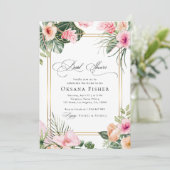 Roze Tropische Bloemen Goud Lijst Vrijgezellenfees Kaart (Staand voorkant)