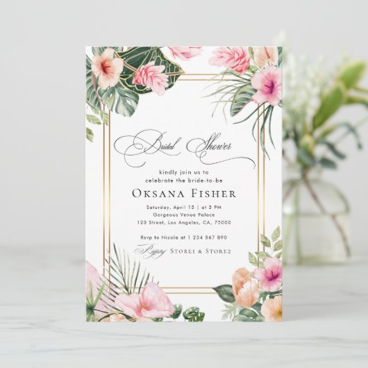Roze Tropische Bloemen Goud Lijst Vrijgezellenfees Kaart (Staand voorkant)