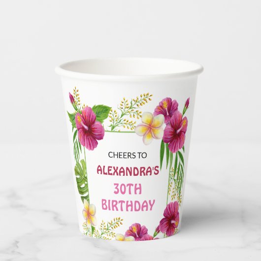 Roze Tropische Bloemen Luau Party Cups Verjaardag Papieren Bekers (Voorkant)