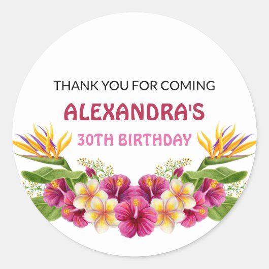 Roze Tropische Bloemen Luau Party Ronde Stickers (Voorkant)