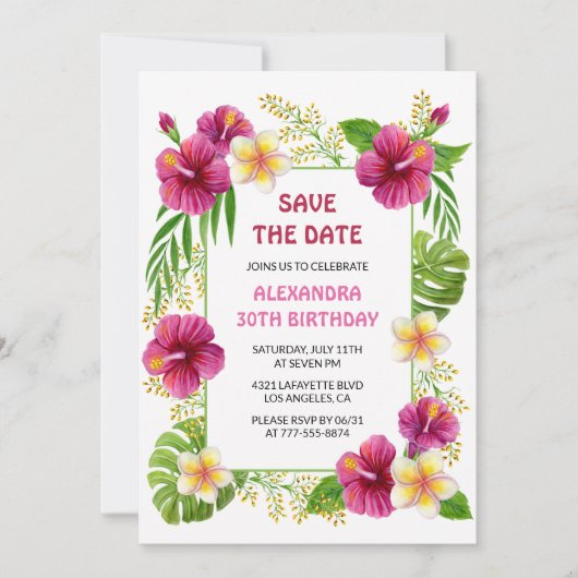 Roze Tropische Bloemen Luau Verjaardag Bewaar de d Kaart (Voorkant)