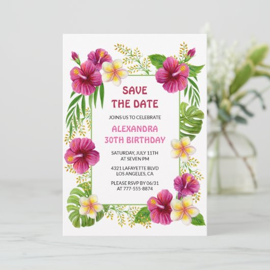 Roze Tropische Bloemen Luau Verjaardag Bewaar de d Kaart (Staand voorkant)