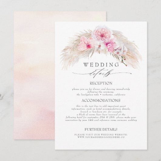 Roze Tropische Bloemen Trouwinformatie Informatiekaartje (Voorkant / Achterkant)