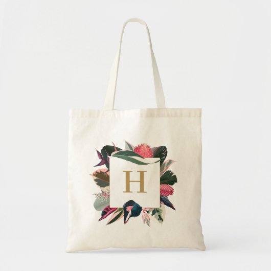 Roze tropische bontgekleurde plantenframe monogram tote bag (Voorkant)