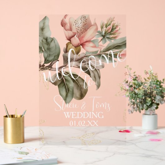 Roze Tropische Botanische Bloemen Gouden Bruiloft Acryl Bord (Huwelijk)