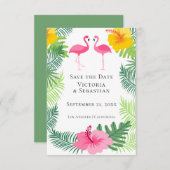 Roze Tropische bruiloft Flamingo slaat de datum op Save The Date (Voorkant / Achterkant)