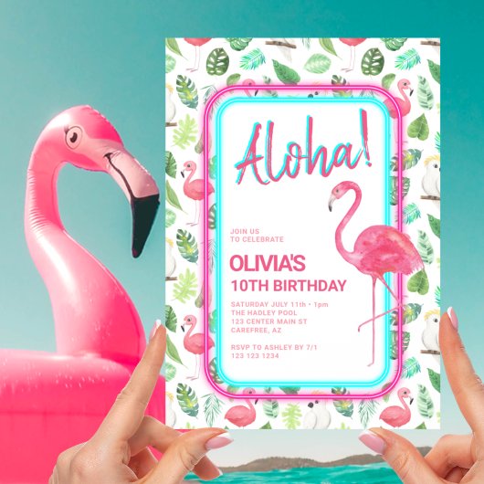 Roze Tropische Flamingo Aloha Verjaardag Kaart