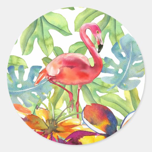 Roze Tropische Flamingo Bird Waterverf Ronde Sticker (Voorkant)