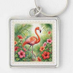 ROZE TROPISCHE FLAMINGO EN TROPISCHE HIBISCUS SLEUTELHANGER