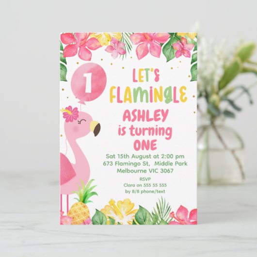 Roze Tropische Flamingo Laten we Flamingle 1e Verj Kaart (Staand voorkant)