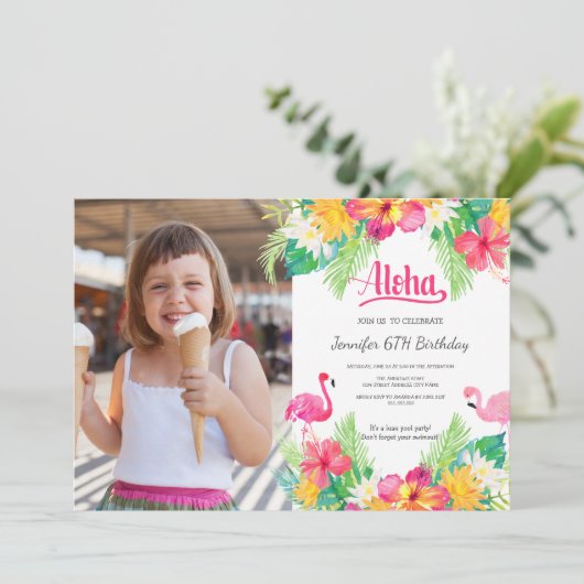 Roze | Tropische Flamingo Luau Foto van Birthday Kaart (Staand voorkant)