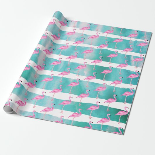 Roze Tropische Flamingo Stripes Cute Birthday Part Cadeaupapier (Uitgerold)