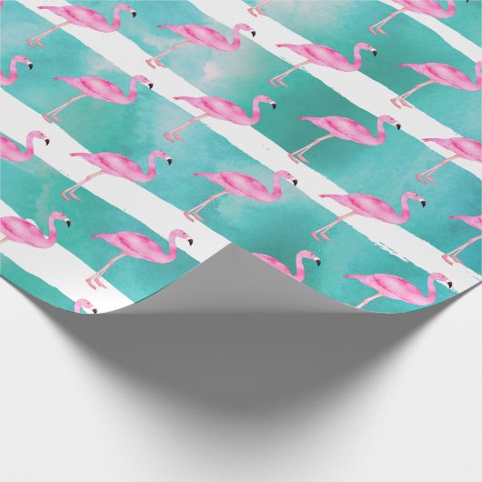 Roze Tropische Flamingo Stripes Cute Birthday Part Cadeaupapier (Hoek)