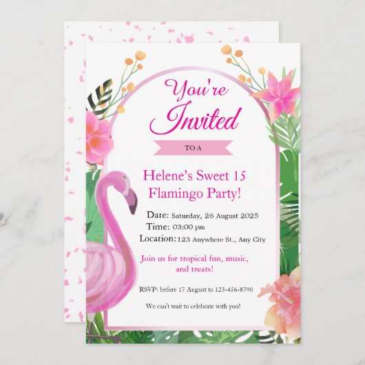 Roze Tropische Flamingo Verjaardag Uitnodiging (Voorkant / Achterkant)