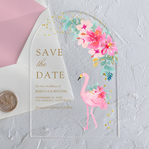 Roze Tropische Flamingo Wedding Save the Date Acryl Uitnodigingen
