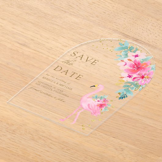 Roze Tropische Flamingo Wedding Save the Date Acryl Uitnodigingen (Laagn)
