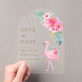 Roze Tropische Flamingo Wedding Save the Date Acryl Uitnodigingen (Insitu (Draagbaar))