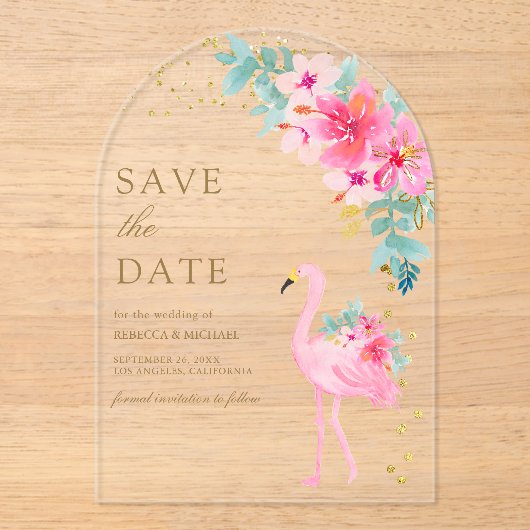 Roze Tropische Flamingo Wedding Save the Date Acryl Uitnodigingen (Voorkant)