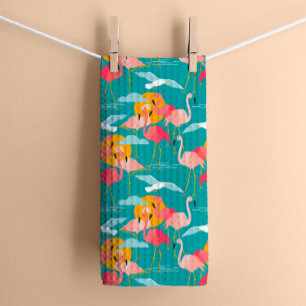 Roze tropische flamingo's op Blauwgroen keukenhand Theedoek
