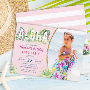 Roze tropische Floral Aloha Luau Birthday Foto Kaart