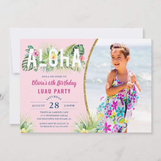 Roze tropische Floral Aloha Luau Birthday Foto Kaart (Voorkant)