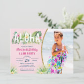 Roze tropische Floral Aloha Luau Birthday Foto Kaart (Staand voorkant)