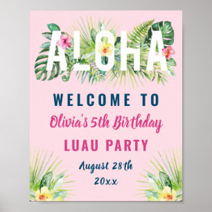 Roze tropische Floral Aloha Luau Birthday Welkom Poster