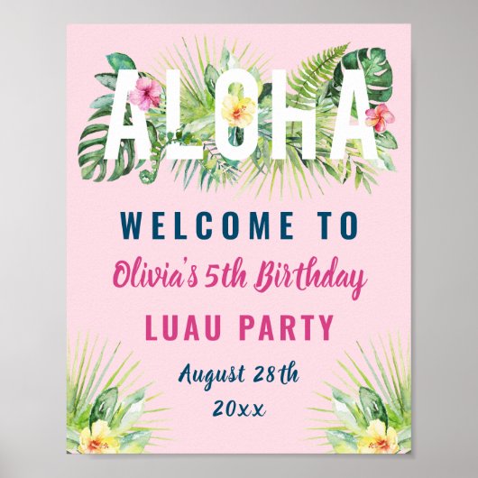 Roze tropische Floral Aloha Luau Birthday Welkom Poster (Voorkant)