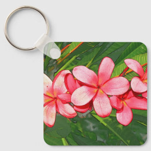 Roze Tropische Frangipani Kunst Sleutelhanger