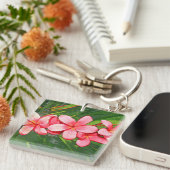 Roze Tropische Frangipani Kunst Sleutelhanger (Voorkant Rechts)